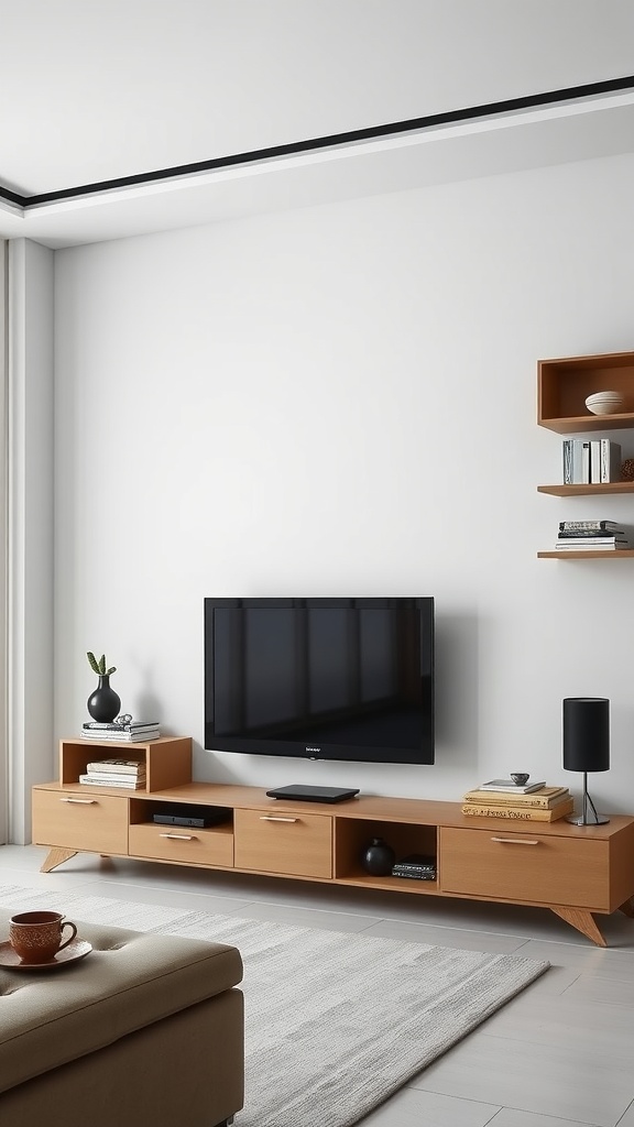 A minimalist entertainment center featuring a wooden TV stand with organized shelves, a television mounted on the wall, and simple decor elements.