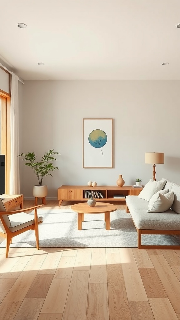 A minimalist living room designed in Japandi style featuring a light color palette and wooden furniture.