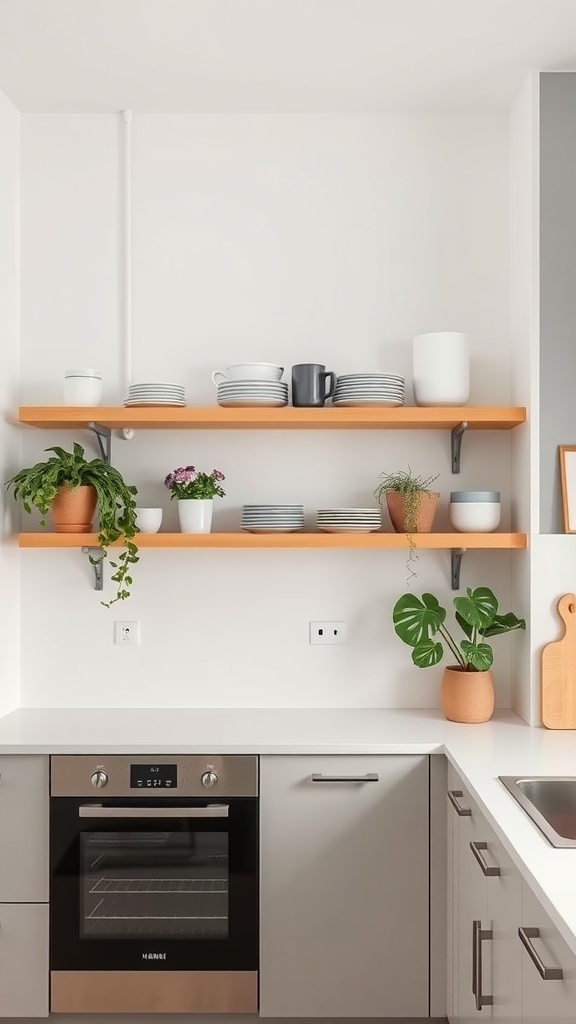 A minimalist kitchen with open shelving displaying plates, mugs, and plants.