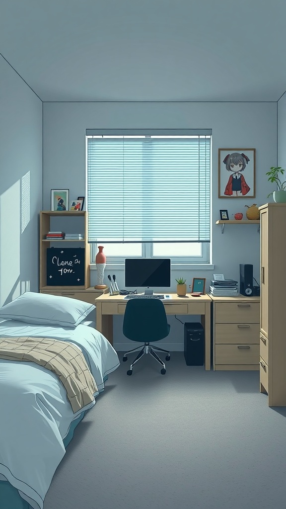 A minimalist anime-themed bedroom with a bed, desk, and decor.