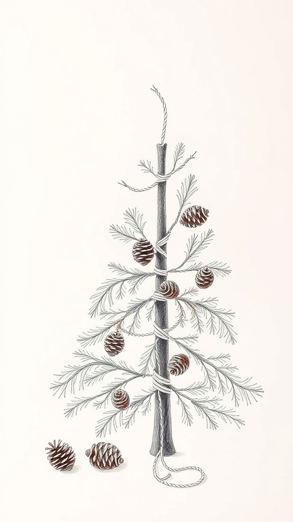 Illustration of a minimalist pencil Christmas tree with natural elements like pine cones.