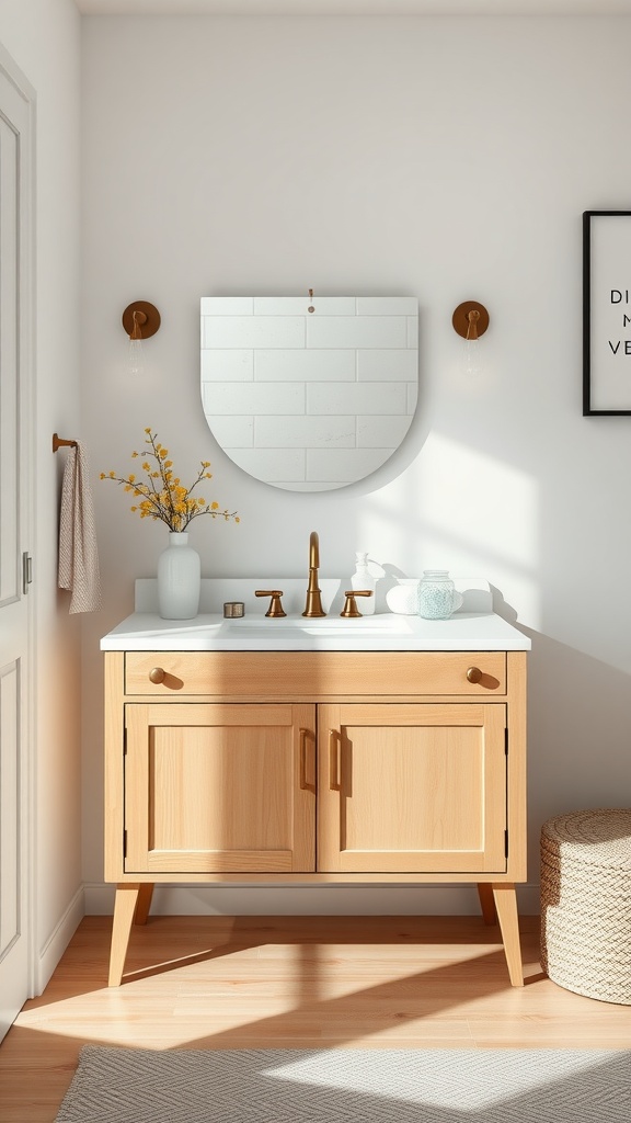 A minimalist Scandinavian design bedroom vanity with a natural wood finish, round mirror, gold fixtures, and a small vase of flowers.