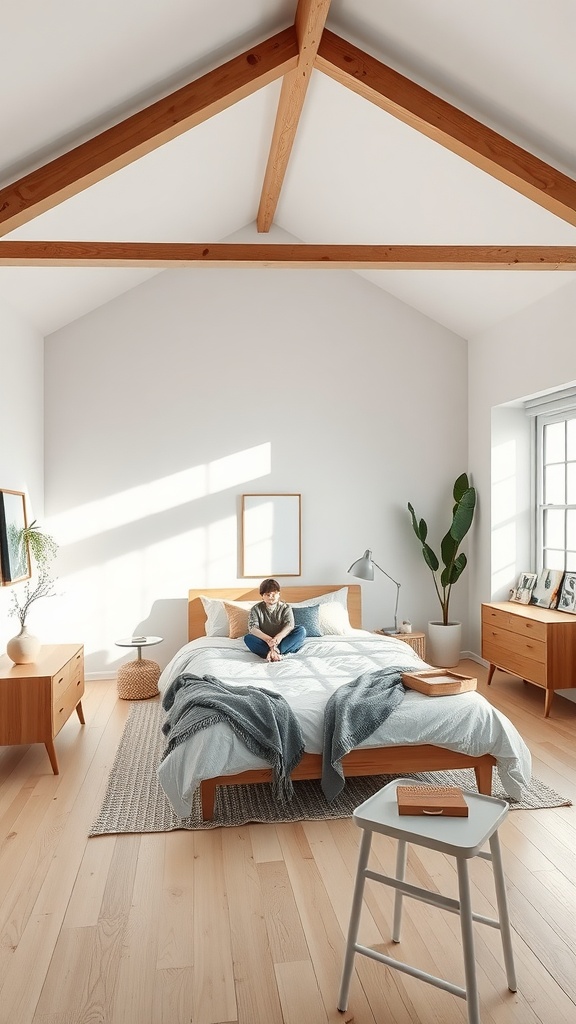 A minimalist Scandinavian style loft bedroom with wooden beams, light flooring, and simple decor.