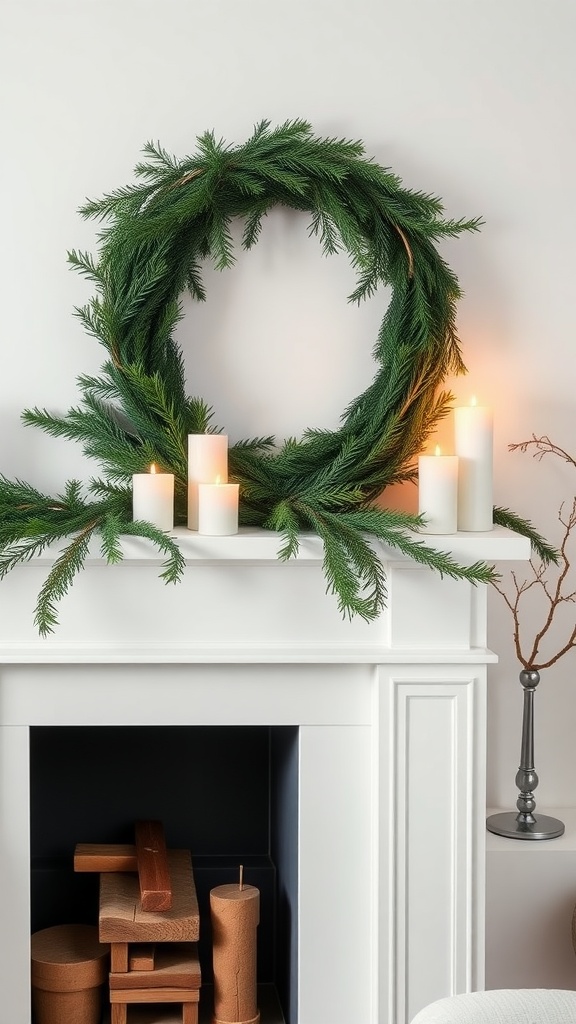 A minimalist Scandinavian style Christmas mantel with a green wreath, white candles, and wooden logs.