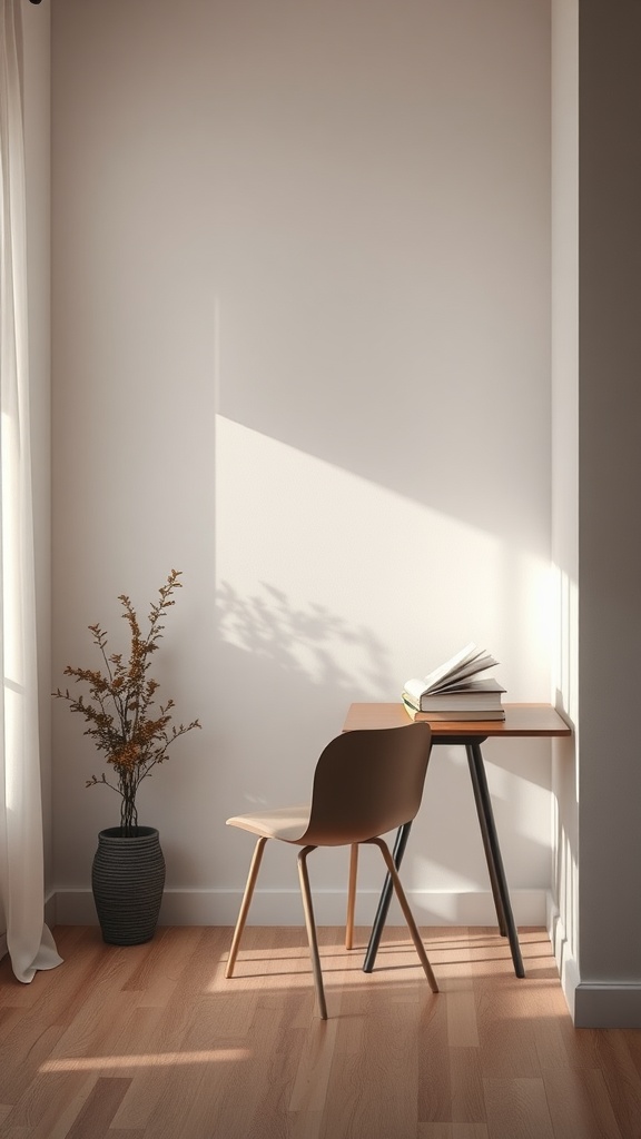 A cozy minimalist reading nook with a chair, small desk, and a vase of branches, illuminated by natural light.