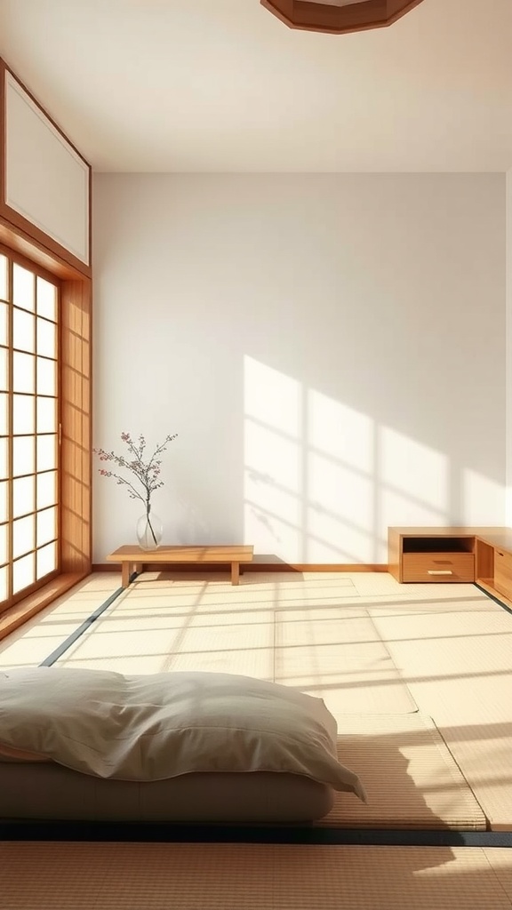 A minimalist Zen bedroom with tatami mats, a low bed, and natural light coming through large windows.