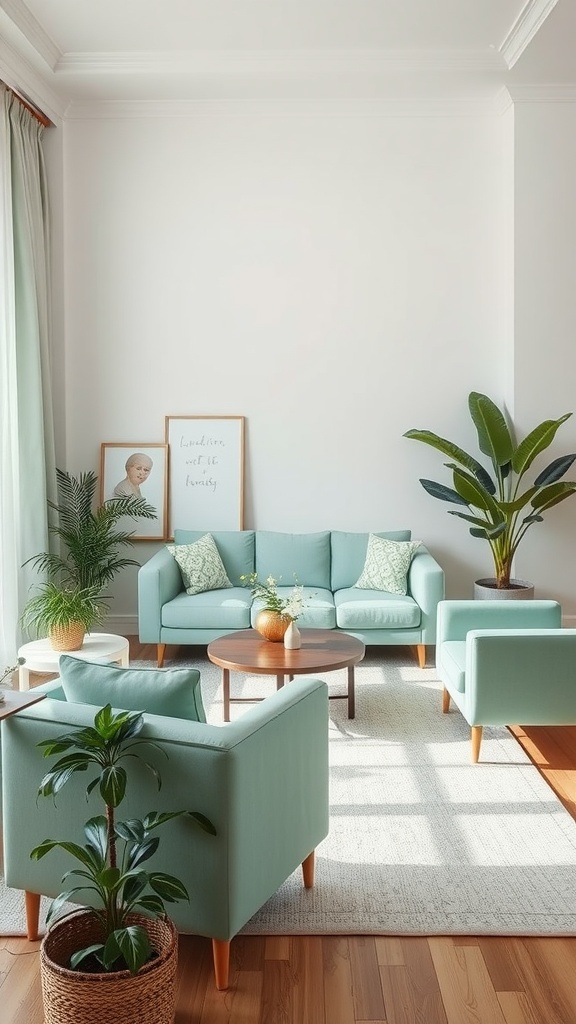 A bright and inviting living room featuring mint green furniture, white walls, and decorative plants.