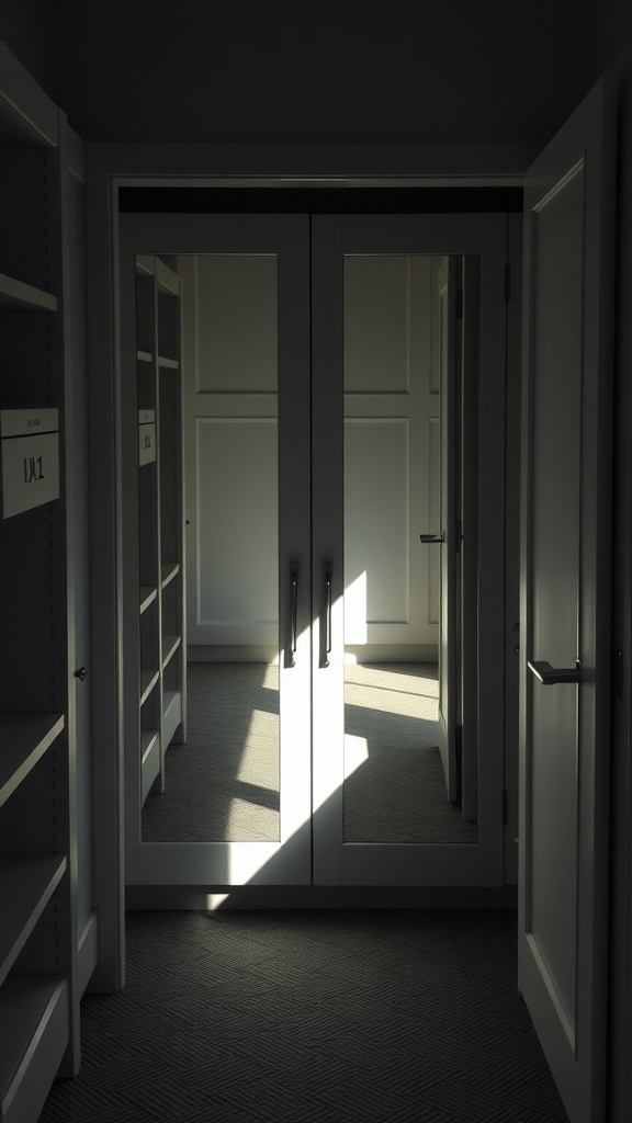 A closet with mirrored panels reflecting light, creating an illusion of a larger space