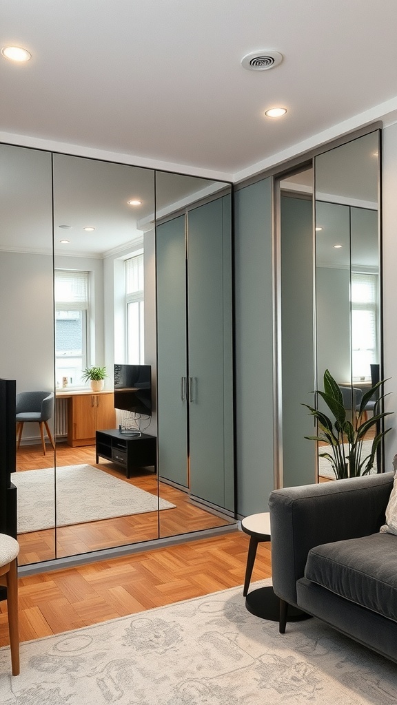 A modern living room featuring mirrored wall panels, enhancing the space with reflections and light.