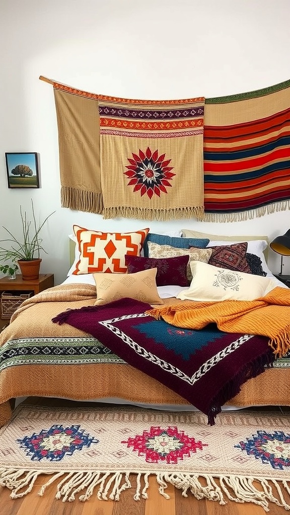 A cozy bedroom featuring mismatched bohemian textiles, colorful blankets, pillows, and wall hangings.