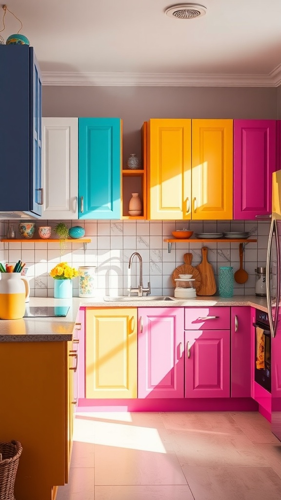 A colorful kitchen with pink, orange, teal, and blue cabinets, showcasing a vibrant and inviting atmosphere.