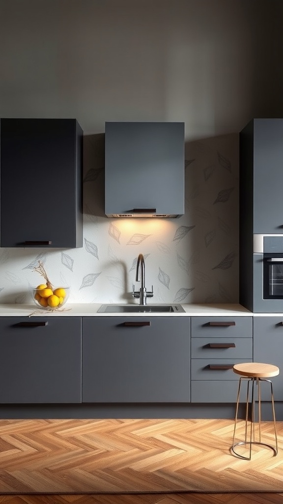 A modern kitchen with gray cabinets, a sink, wooden floor, and a bowl of lemons.