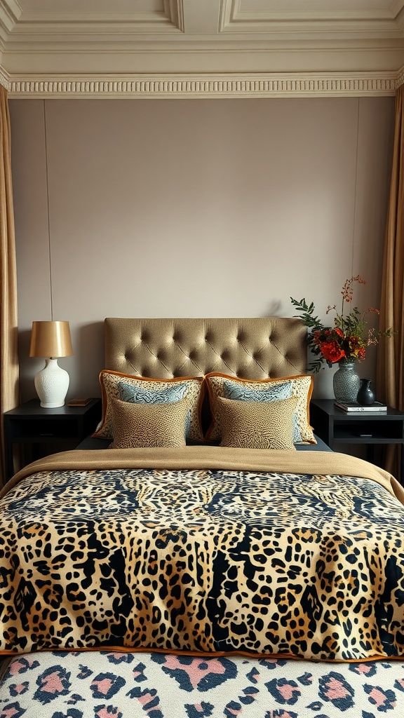 A cozy bedroom featuring leopard print bedding mixed with neutral tones.