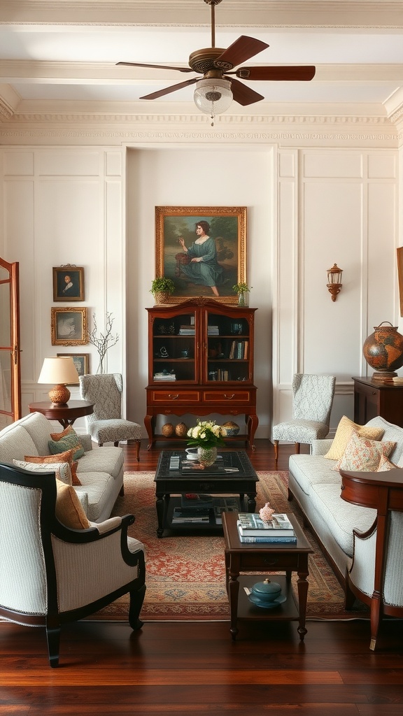 A colonial-style living room featuring a mix of classic and modern furniture, rich wooden flooring, and elegant decor.