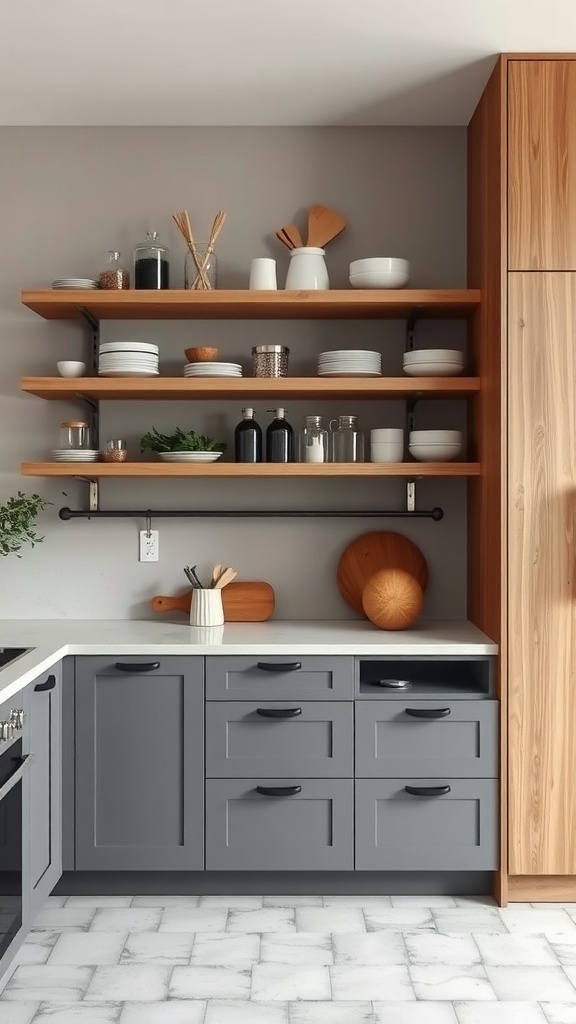 A kitchen featuring a combination of open shelving and closed cabinets, with gray cabinets and wooden shelves displaying various kitchen items.