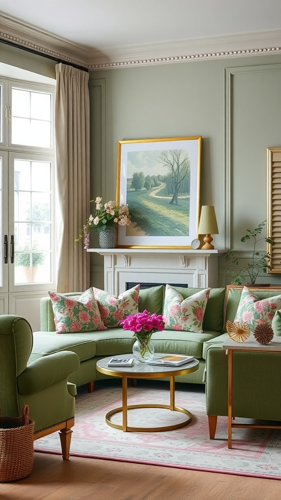 A sage green living room featuring floral print pillows, a round coffee table, and a cozy sectional sofa.