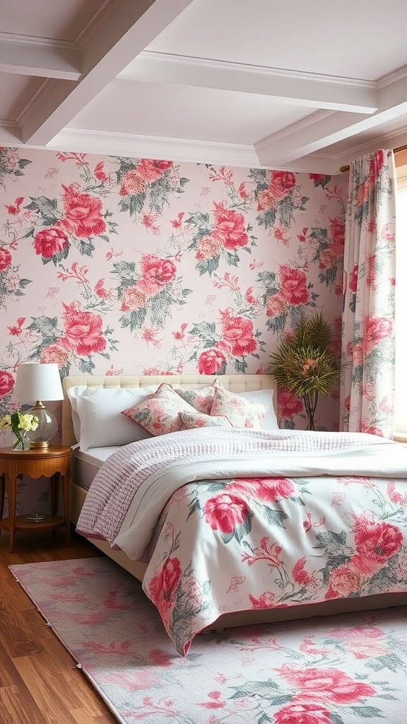 A beautifully decorated bedroom featuring pink floral wallpaper, coordinating bedding, and warm wooden elements.