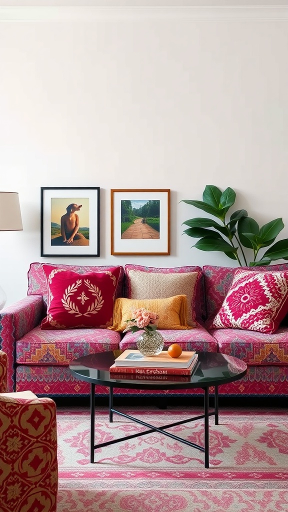 A stylish burgundy living room with a patterned sofa and decorative elements.