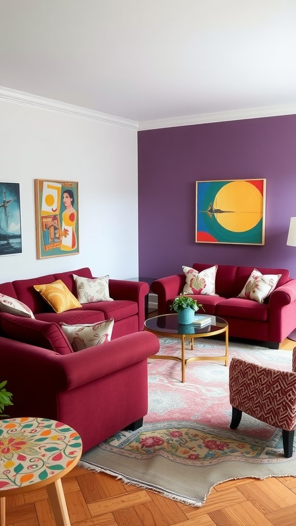 A burgundy living room with patterned pillows, an accent chair, and a round coffee table.