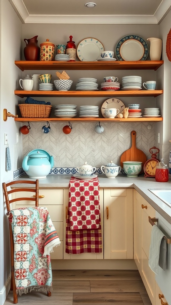 An eclectic kitchen decor featuring open shelves with colorful dishware, patterned kitchen towels, and a retro kettle.