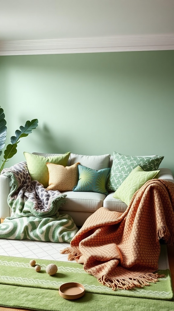 A cozy living room featuring a sage green wall, a white sofa with colorful patterned pillows, and layered rugs.