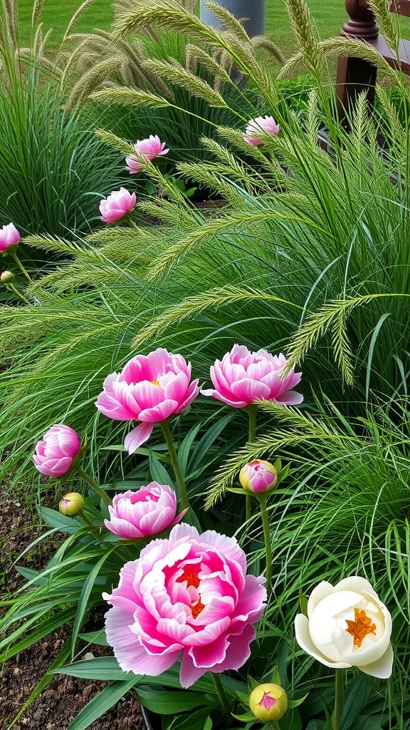 Beautiful peonies intermingled with ornamental grasses in a garden setting.