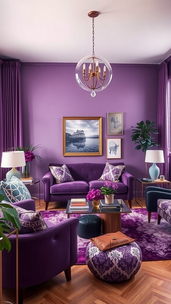 A cozy living room featuring various shades of purple, accented with plants and decorative items.