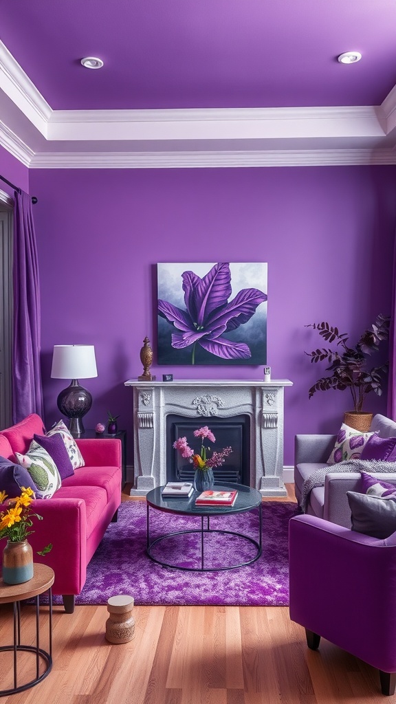 A cozy purple living room with a pink sofa, purple walls, and decorative elements.