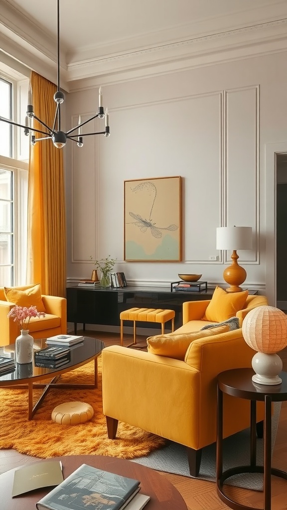 A stylish living room featuring various shades of yellow with comfortable chairs and decorative elements