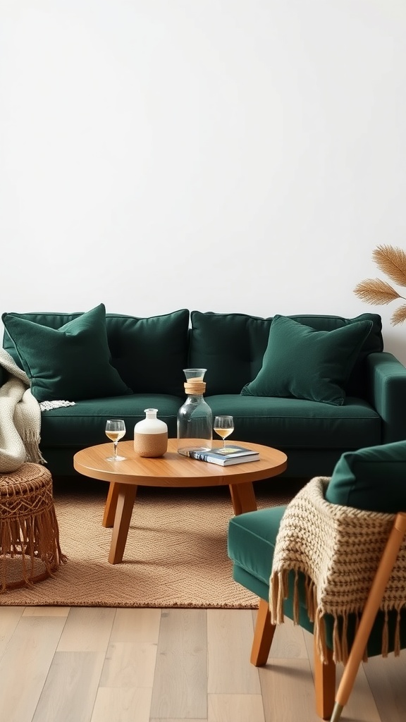 A cozy forest green living room featuring a green sofa, wooden coffee table, and mixed textures.