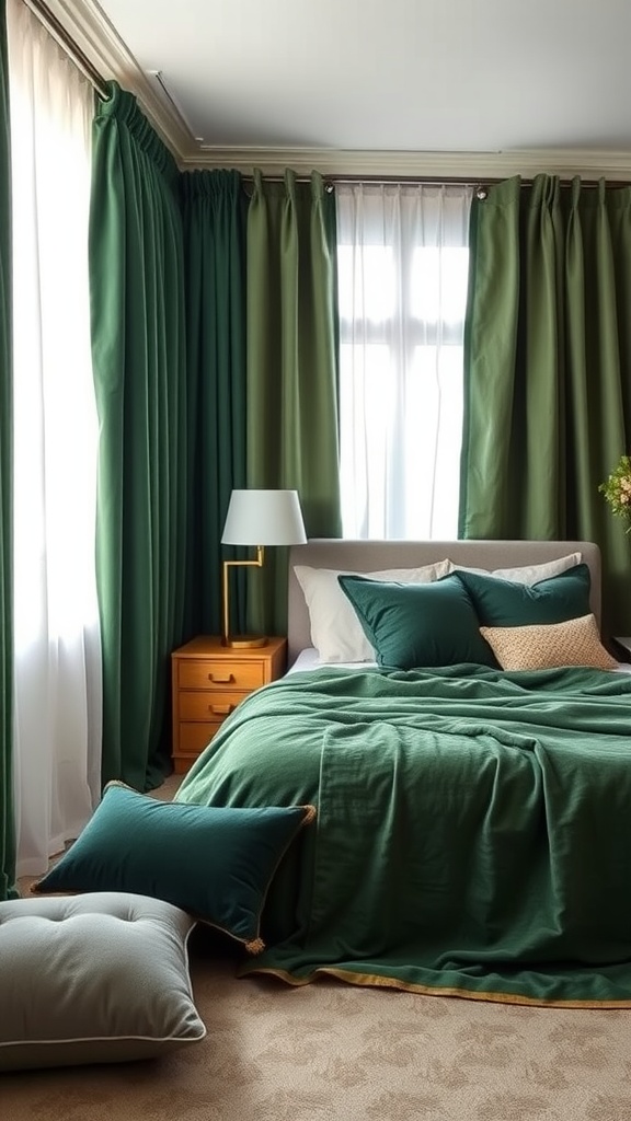 A cozy green-themed bedroom featuring layered curtains, pillows, and bedding in various green shades.