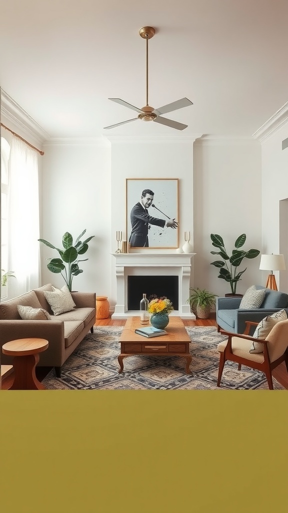 A stylish living room featuring a mix of vintage and modern furniture, with a cozy atmosphere and vibrant plants.