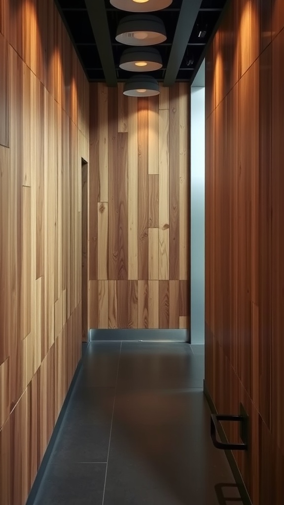 A modern hallway featuring a combination of wood paneling and metal elements.