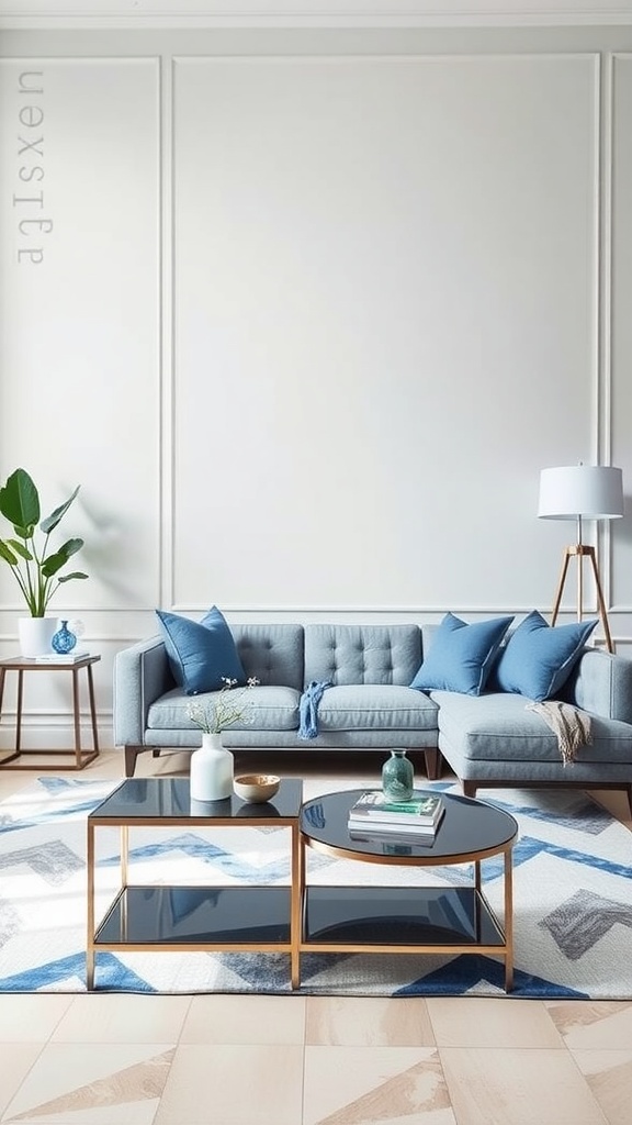 A modern living room featuring blue and gray decor with stylish coffee tables