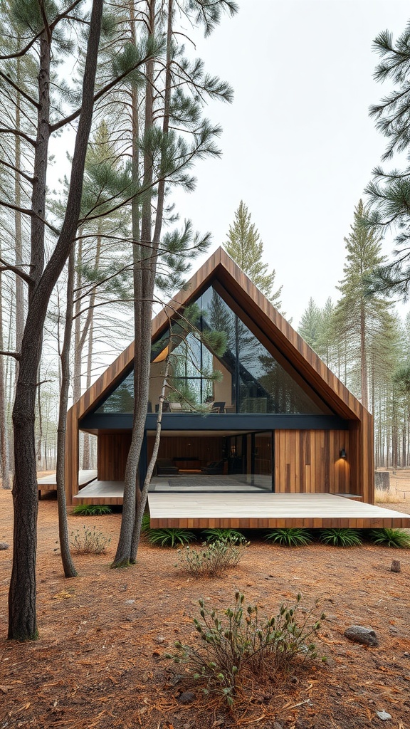 A modern eco-friendly house surrounded by trees in a forest setting.