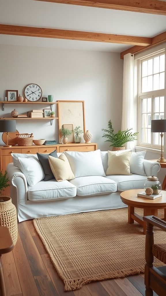 Cozy living room featuring a white couch with natural textures, wooden beams, and decorative plants.