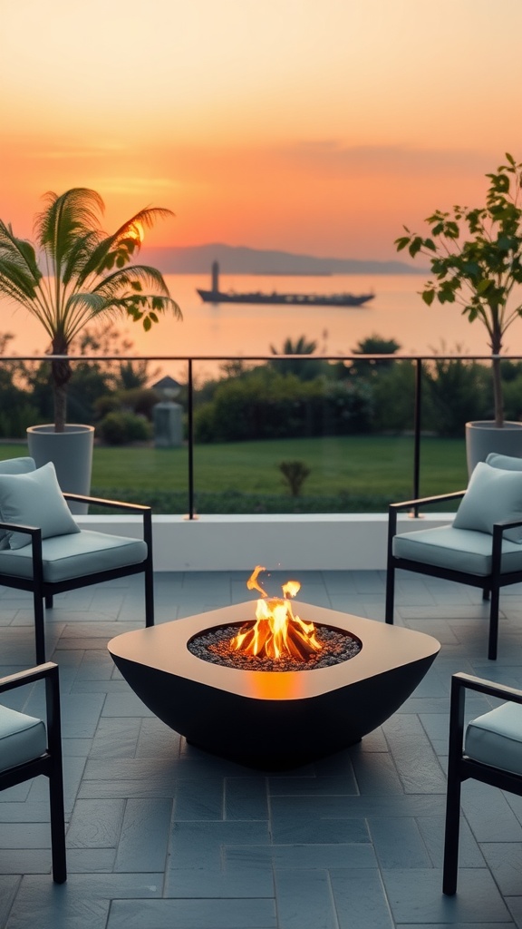 A modern fire table with minimalist design surrounded by chairs, overlooking a sunset view.