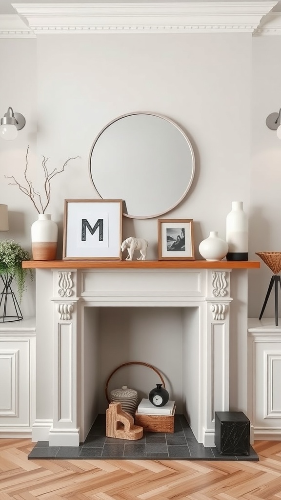 A modern decorated mantel with geometric elements, including a round mirror and wooden decor pieces.