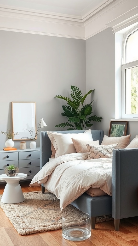 A modern bedroom with grey furniture and blush bedding, featuring a potted plant and light wood accents.