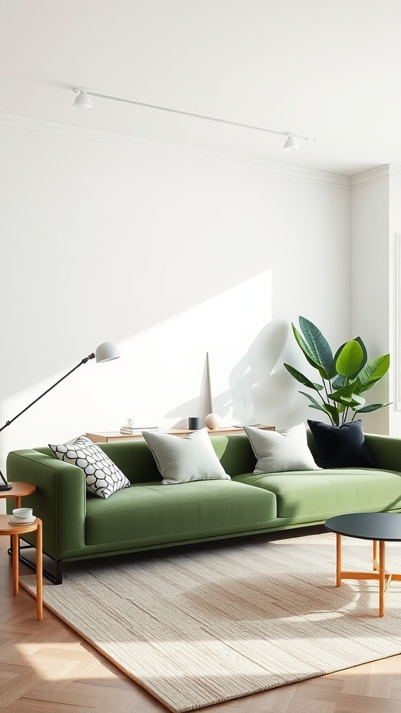 A modern living room featuring a green couch, simple decor, and natural light.