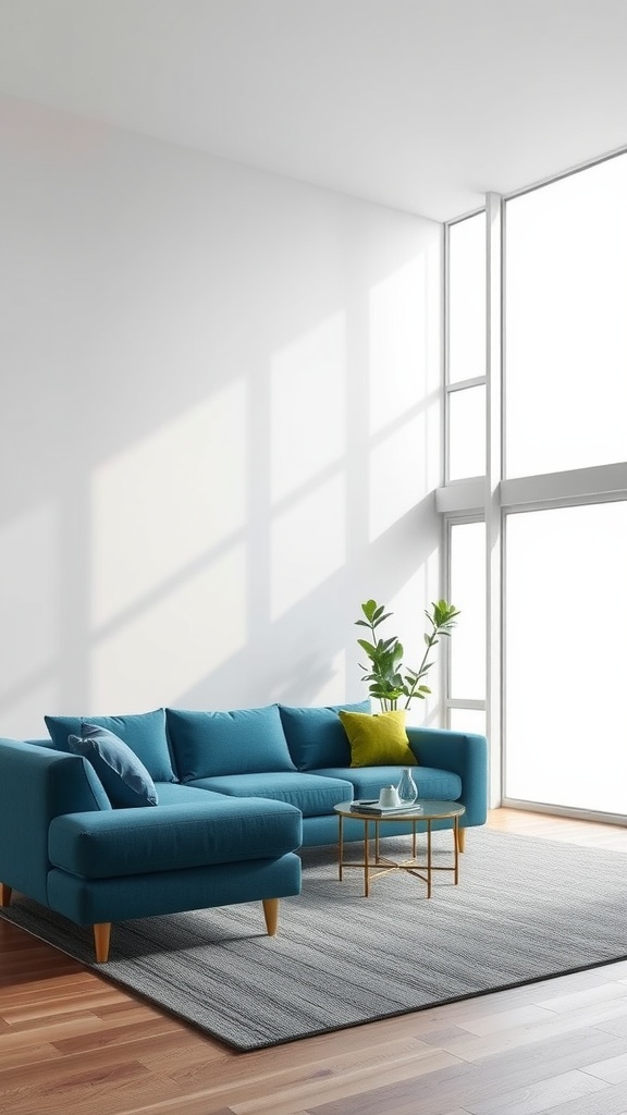 A modern living room with turquoise sectional sofa, green accents, and large windows.