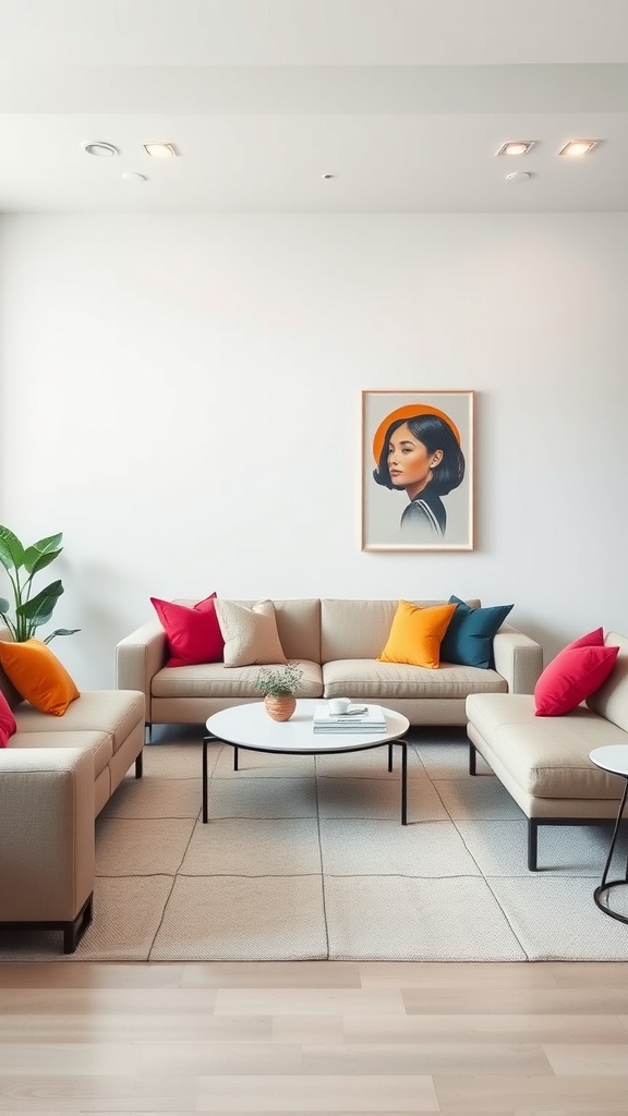 A modern living room featuring minimalist beige sofas with colorful accent pillows, a round coffee table, and a piece of artwork on the wall.