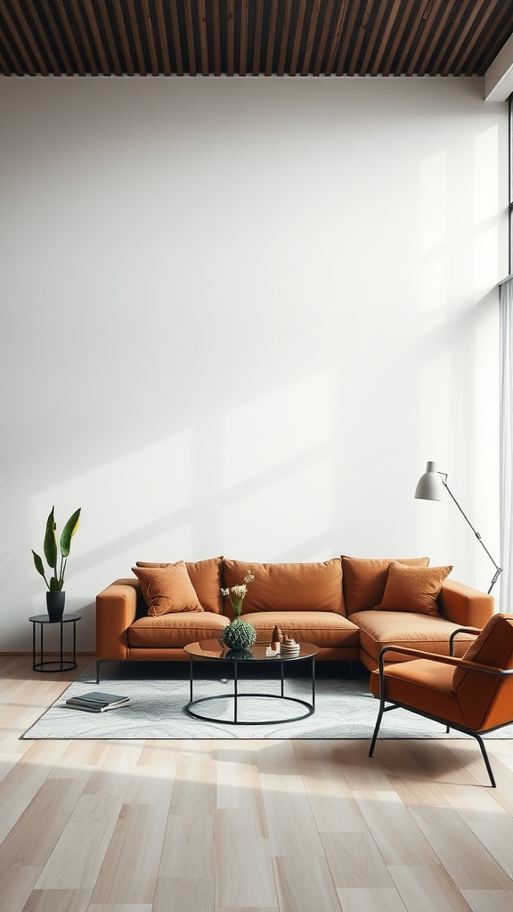 A modern living room featuring a brown sofa with minimalist decor.