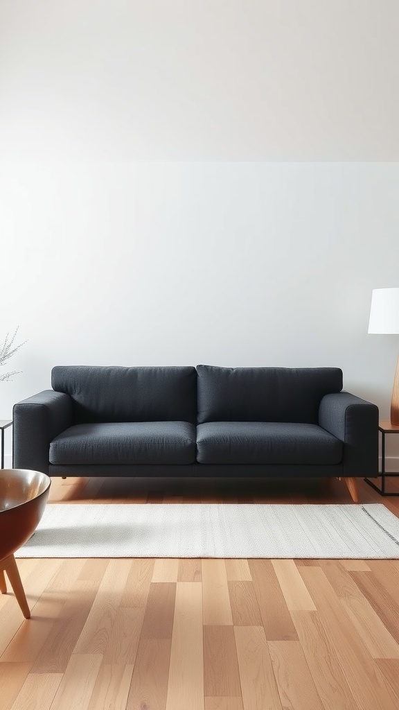 A dark gray sofa in a modern minimalist living room with light wood flooring and simple decor.