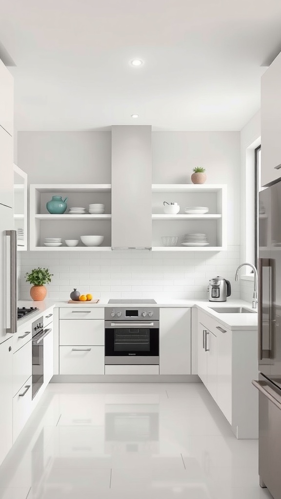 A modern minimalist kitchen featuring white cabinets, open shelving, and sleek appliances