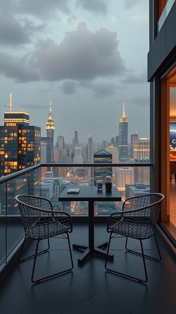 A modern bistro set on a balcony with a city skyline view at dusk.