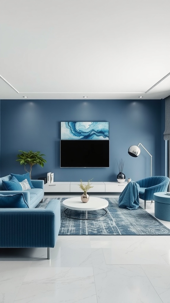 Modern minimalist living room with blue and white palette, featuring a blue wall, stylish furniture, and a circular white coffee table.