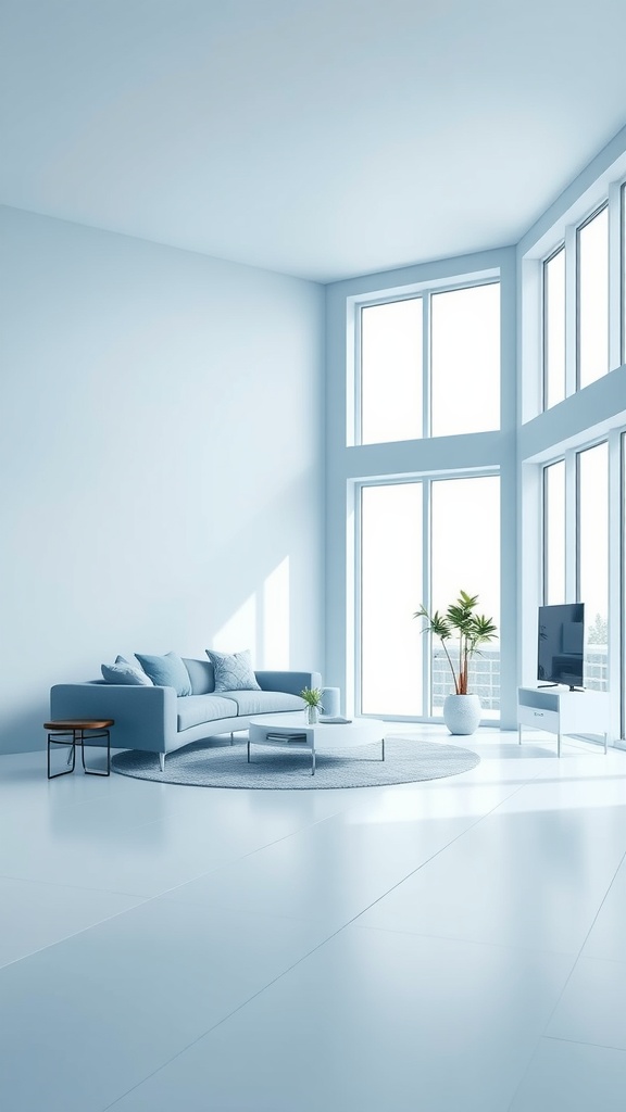 A modern minimalist blue living room featuring a light blue couch, large windows, and a potted plant.