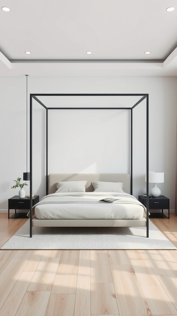 A modern minimalist canopy bed with a sleek metal frame, neutral bedding, and simple decor in a well-lit room