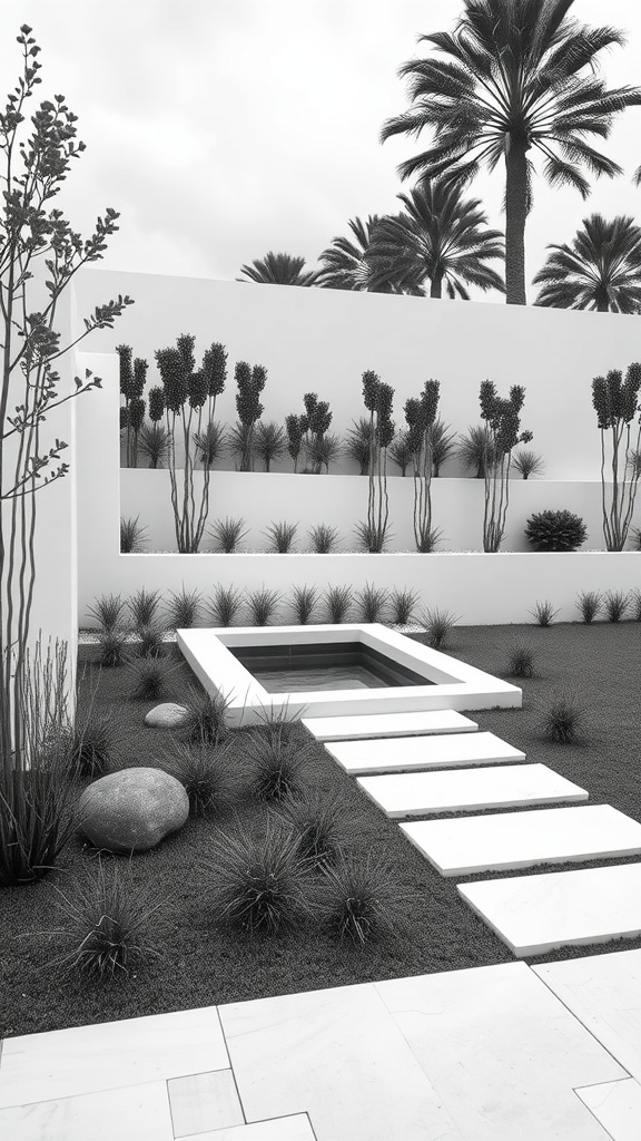 A modern minimalist landscape with a small pool, stepping stones, and carefully placed plants.